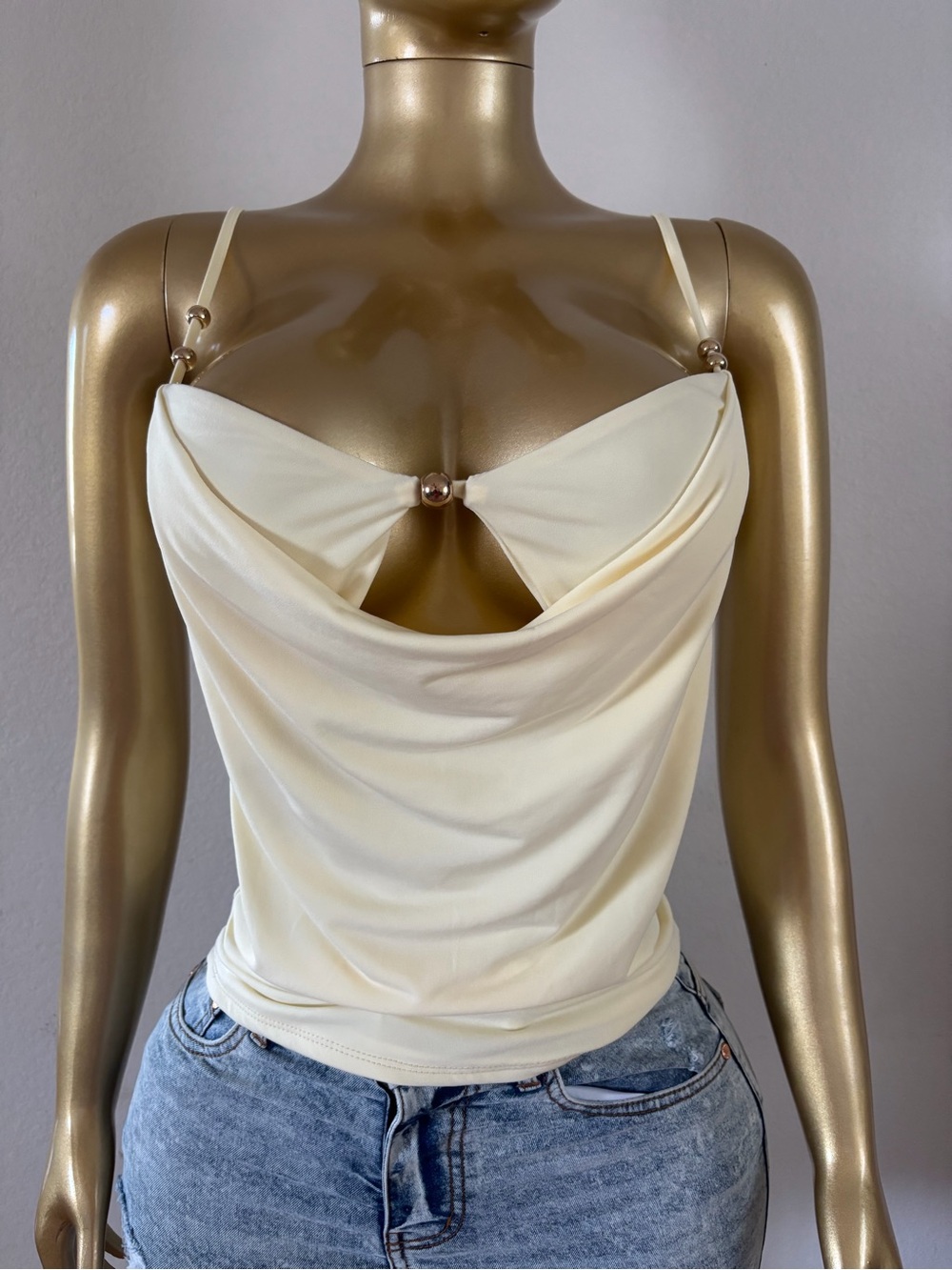 Cream Draped Cowl Neck Tank Top with Bead Accent